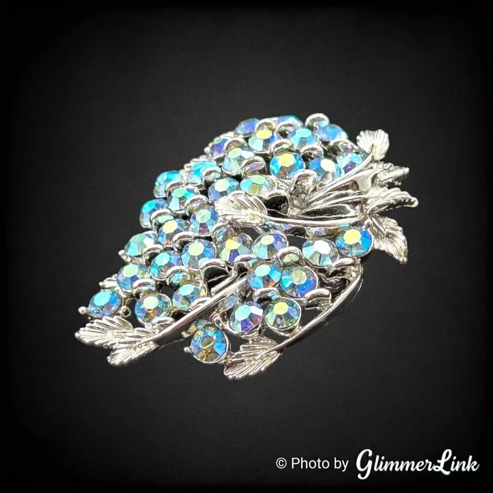 Vintage BSK Blue Aurora Borealis AB Rhinestone Leaves Silver Tone Brooch